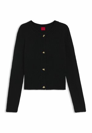 Black knitted cardigan with long sleeves, round neck, and ribbed hem. Features gold buttons and a slightly cropped design.
