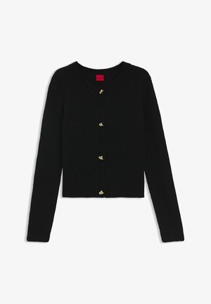 Zwarte gebreide cardigan met lange mouwen, ronde hals en geribde zoom. Voorzien van gouden knopen en een iets kortere pasvorm.
