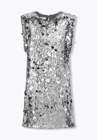 Robe en sequins argentés avec une coupe droite, dotée d’épaules rembourrées. La robe présente un col rond et une surface texturée grâce aux sequins.