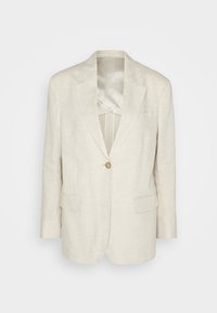 Béžový lněný blejzr s klopami, jedním knoflíkem a dvěma předními kapsami. Hladká vnitřní podšívka, přiléhavý střih, nestrukturovaný design.
