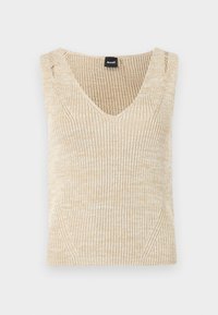 Beige ribbade ilmanhiha sweater med djupt V-ringad hals. Stickad textur med subtila färgvariationer och sidodetaljer. Varumärkesetikett synlig.