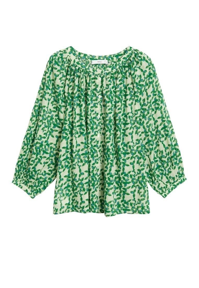Blouse vert clair à manches longues avec motif de feuilles vert foncé, col rond avec fronces et fermeture boutonnée devant.