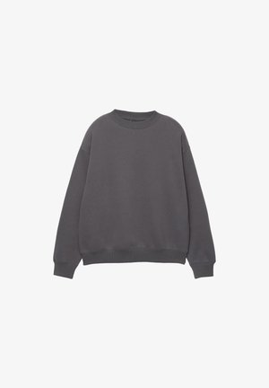 Dunkelgrauer Rundhals-Pullover mit langen Ärmeln und gerippten Bündchen und Saum, auf einem weißen Hintergrund präsentiert.