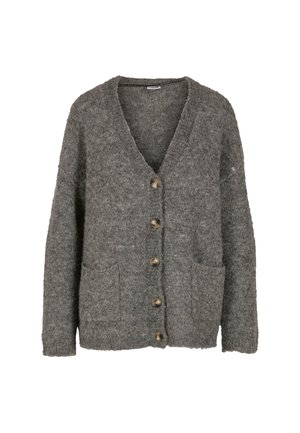 Grijze wollen cardigan met een V-hals, lange mouwen, twee voorzakken en zes bruine knopen in het midden. Textured brei stof.