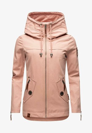 Veste imperméable rose clair avec un col haut, une capuche réglable, une fermeture éclair à l'avant, deux grandes poches et un motif à pois.