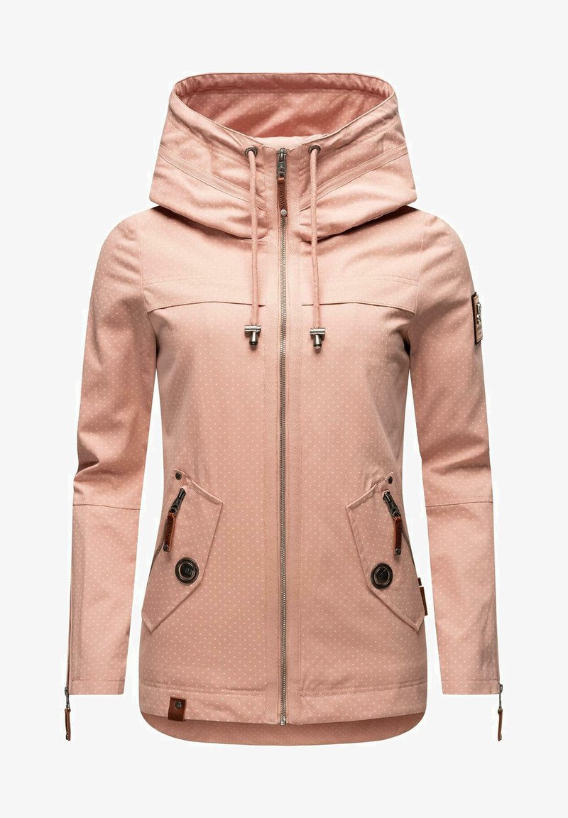 Light pink waterproof jacket with a high collar, adjustable hood, zippered front, two large pockets, and dotted pattern.