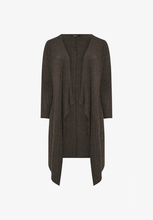 Cardigan ouvert marron avec texture côtelée et manches trois-quarts, présentant une silhouette allongée et sans fermetures.