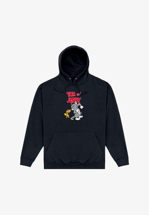 Czarna bluza z kapturem z przednią kieszenią. Grafika przedstawiająca Tomka i Jerry'ego w kolorowych detalach, z czerwonym napisem "TOM & JERRY" nad postaciami.