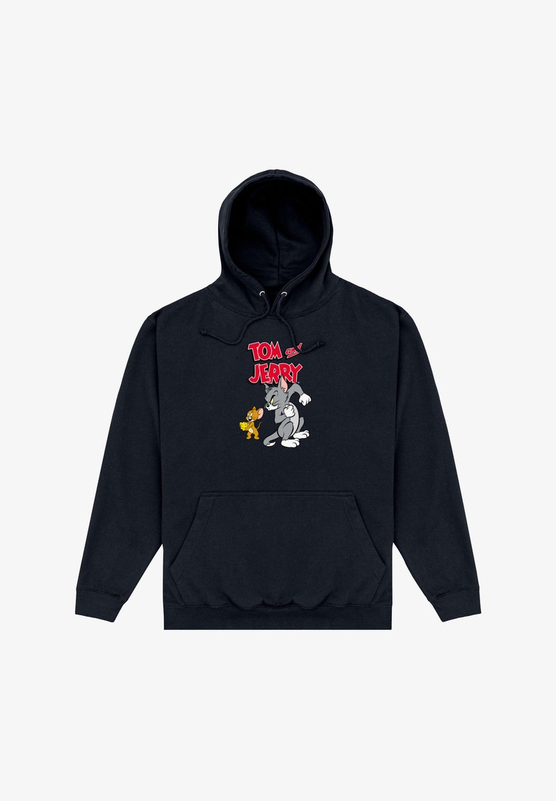 Czarna bluza z kapturem z przednią kieszenią. Grafika przedstawiająca Tomka i Jerry'ego w kolorowych detalach, z czerwonym napisem "TOM & JERRY" nad postaciami.