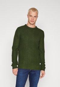 Dark green knitted sweater with a textured pattern, round neckline, and ribbed cuffs and hem. Worn with blue jeans.