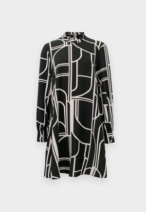 Vestido preto de mangas longas com linhas geométricas brancas abstratas, gola alta com pequenas pregas e uma leve silhueta em A.