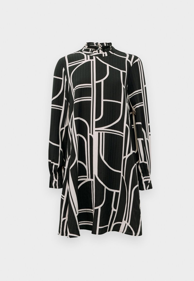 Vestido negro de manga larga con líneas geométricas blancas abstractas, cuello alto con un pequeño volante y ligera silueta en A.