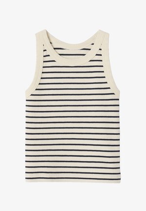 Sleeveless ribbed knit tank top with horizontal black and white stripes and a round neckline.
