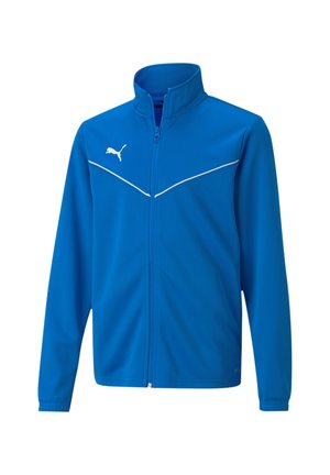 Blauwe sportjack met een ritssluiting aan de voorkant, staande kraag en witte accenten. Gemaakt van zachte, gladde materialen; heeft een logo op de borst.