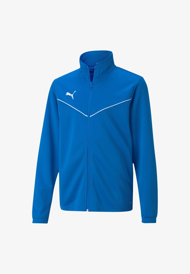Blaue Sportjacke mit Reißverschluss vorne, Stehkragen und weißen Akzenten. Hergestellt aus weichem, glattem Material; mit einem Logo auf der Brust.