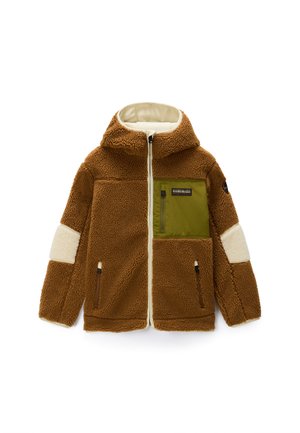 Brown fleece jacket with hood, cream patch on sleeves, olive green chest pocket with zipper, and front zippered pockets.