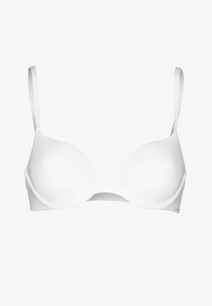 Fehér párnázott melltartó sima kosarakkal, állítható pántokkal és varrás nélküli szélekkel. Rugalmas, puha anyagból készült a kényelem és a megfelelő illeszkedés érdekében.