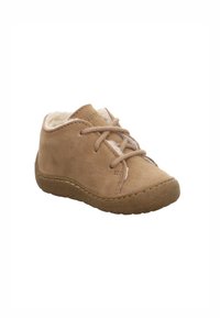 Scarpa per bambini in suede marrone chiaro con lacci, imbottitura in pile e suola in gomma flessibile e texturizzata, mostrata da un angolo su sfondo bianco.