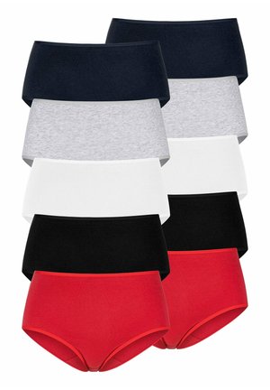 Nine pairs of women's underwear displayed in rows, featuring solid colors: navy, light gray, white, black, and red. Made from a soft fabric.
