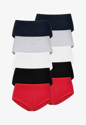 Nine pairs of women's underwear displayed in rows, featuring solid colors: navy, light gray, white, black, and red. Made from a soft fabric.
