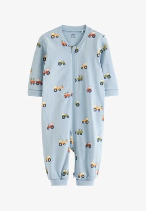 Lichtblauwe babyromper met meerkleurige tractorpatronen, ritssluiting aan de voorkant, lange mouwen en enkellintjes.
