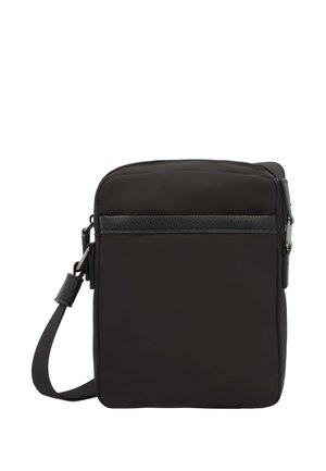 Piccola borsa a tracolla nera con chiusura a zip, tasca frontale sottile e tracolla regolabile.