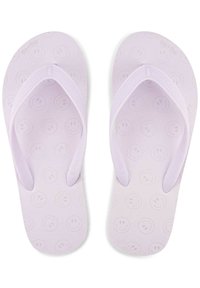 Light purple flip-flops with textured smiley face pattern, rubber material, and Y-shaped straps. Flat sole for casual wear.