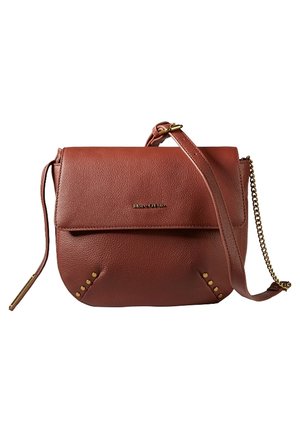 Brown leather crossbody bag with gold chain and buckle strap, front flap, and small gold studs on bottom corners.