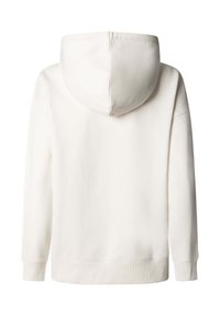 Bela kapucarica z mehko teksturo, prikazana s hrbtne strani, z dolgimi rokavi, rebrastimi manšetami in zaobljeno kapuco.