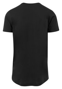 Svart t-skjorte med korte ermer laget av bomull, med rund hals og flat kant. Har et enkelt design uten mønstre eller detaljer.