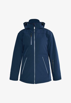 Giacca softshell navy con zip frontale, cappuccio regolabile, numerose tasche con zip e dettagli bianchi sui bordi delle tasche.