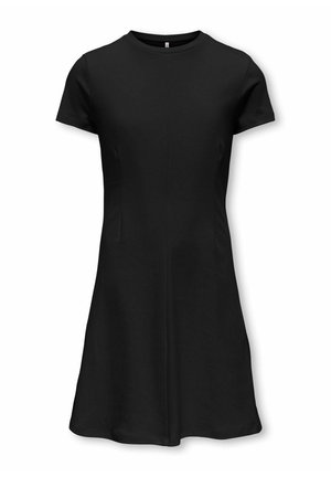 Sort kortærmet A-formet kjole med rund halsudskæring, figursyet talje og knælængde kant mod en hvid baggrund.
