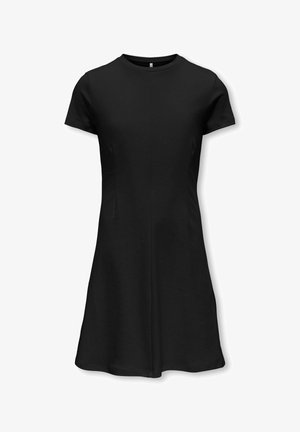 Sort kortærmet A-formet kjole med rund halsudskæring, figursyet talje og knælængde kant mod en hvid baggrund.
