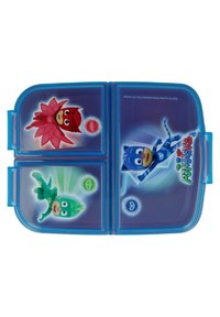 Plastic lunchbox with a blue exterior, featuring divided compartments and colorful character designs from "PJ Masks" on the lid.