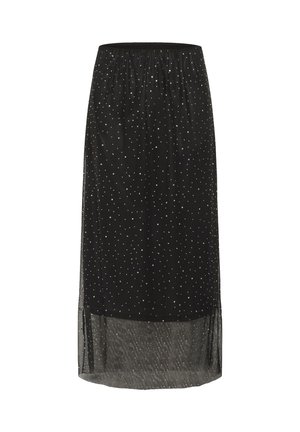 Falda midi negra con cinturilla elástica, hecha de tela transparente, con patrones de puntos plateados en toda la prenda y un dobladillo ligeramente transparente.