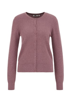 Getextureerde, licht mauve cardigan met een ronde hals, knopen aan de voorkant en lange mouwen; heeft een gebreid patroon en geribbelde manchetten en zoom.