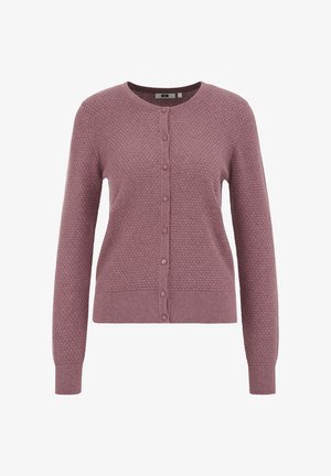 Tekstuuriga hele lilla kardigan ümarate kaelusega, ees nööbitav ja pikkade varrukatega; iseloomustab kootud muster ning soonikkoes mansetid ja alumine serv.