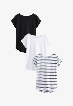 Tre magliette da donna a maniche corte con scollo rotondo in nero, bianco e bianco con righe orizzontali blu scuro, disposte sovrapposte.