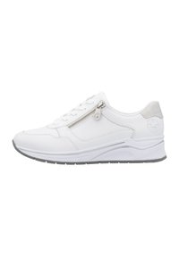 Baskets blanches en cuir lisse avec une tige, bout arrondi, lacets à l'avant, détail de fermeture éclair sur le côté et semelle texturée grise.