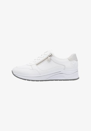 White athletic shoes with a smooth leather upper, rounded toe, lace-up front, side zipper detail, and a textured grey sole.