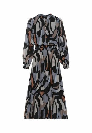 Long, pleated dress featuring a multi-colored abstract pattern in shades of blue, black, and brown with a round neckline and button closure.