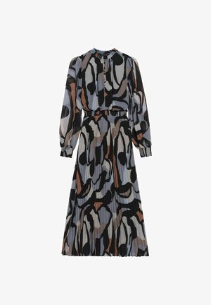 Długa, plisowana sukienka z wielokolorowym abstrakcyjnym wzorem w odcieniach niebieskiego, czerni i brązu, z okrągłym dekoltem i zapięciem na guziki.