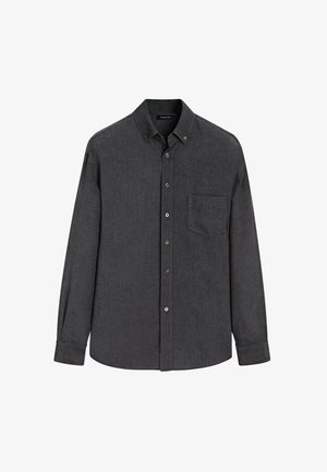 Donkergrijze lange mouwen overhemd met knoopsluiting, een borstzak en een geknoopte kraag, tentoongesteld op een witte achtergrond.