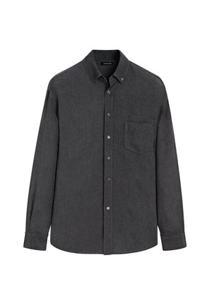 Dark grey long-sleeve button-up shirt with a chest pocket and buttoned collar, displayed on a white background.