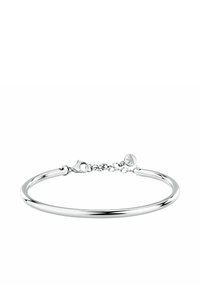 Bracciale d'argento con un design circolare e liscio, dotato di una chiusura con un logo a foglia. Ha una finitura lucida e una catena regolabile.