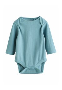 Långärmad babybody i ljusblå ribbad tyg. Har en rund halsringning och tryckknappar i botten för enkel påklädning.