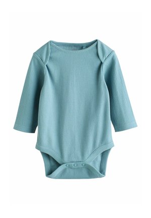 Body bébé à manches longues en tissu côtelé bleu clair. Dispose d'un col rond et de fermetures à pression au bas pour un habillage facile.