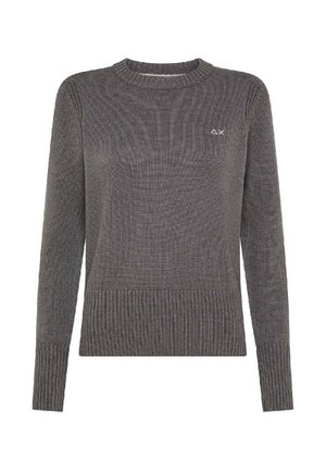 Maglione grigio a maglia con scollo rotondo, polsini e orlo a costine. Presenta un logo sottile sul petto e un motivo testurizzato su tutta la superficie.