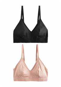 Crne i ružičaste bralette s trokutastim šalicama, podesivim trakama i mekim elastičnim pojasom na dnu; glatka tekstura i elegantan dizajn.