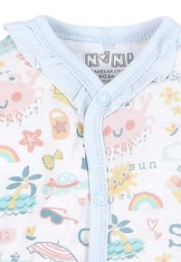 Baby romper with blue trim, snap buttons, and colorful summer-themed prints including sun, palm trees, rainbows, and seashells.
